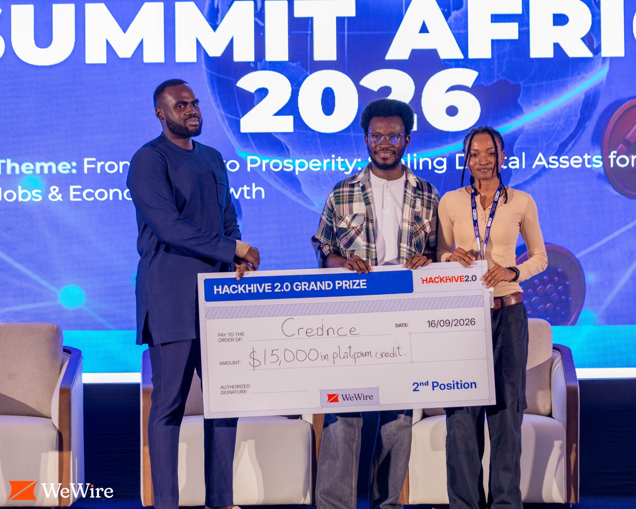 Three people on stage hold a cheque made out to Crednce for $15,000 in platform credit, marked 2nd Position.